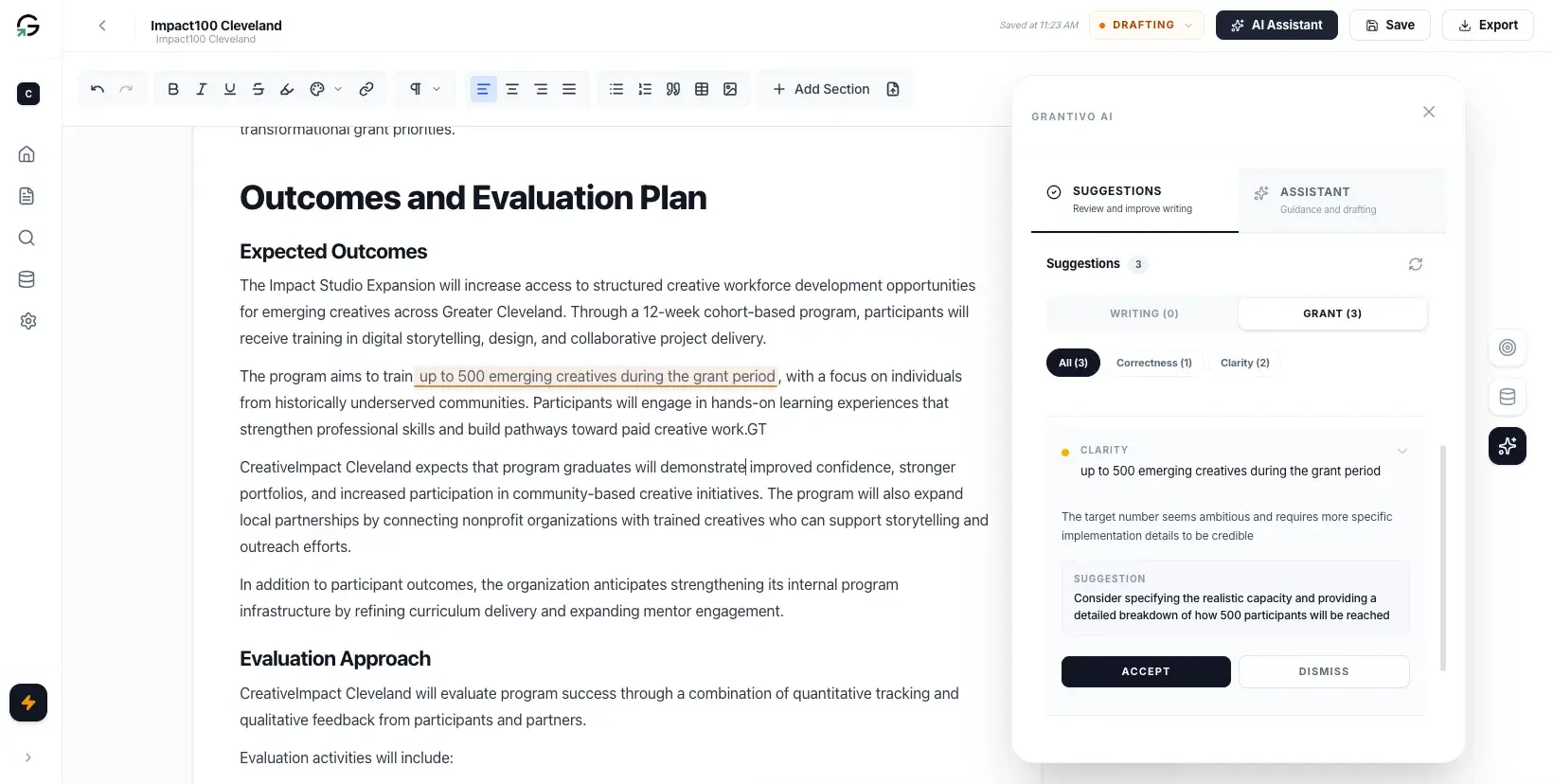 Grantivo grant editor with AI review panel